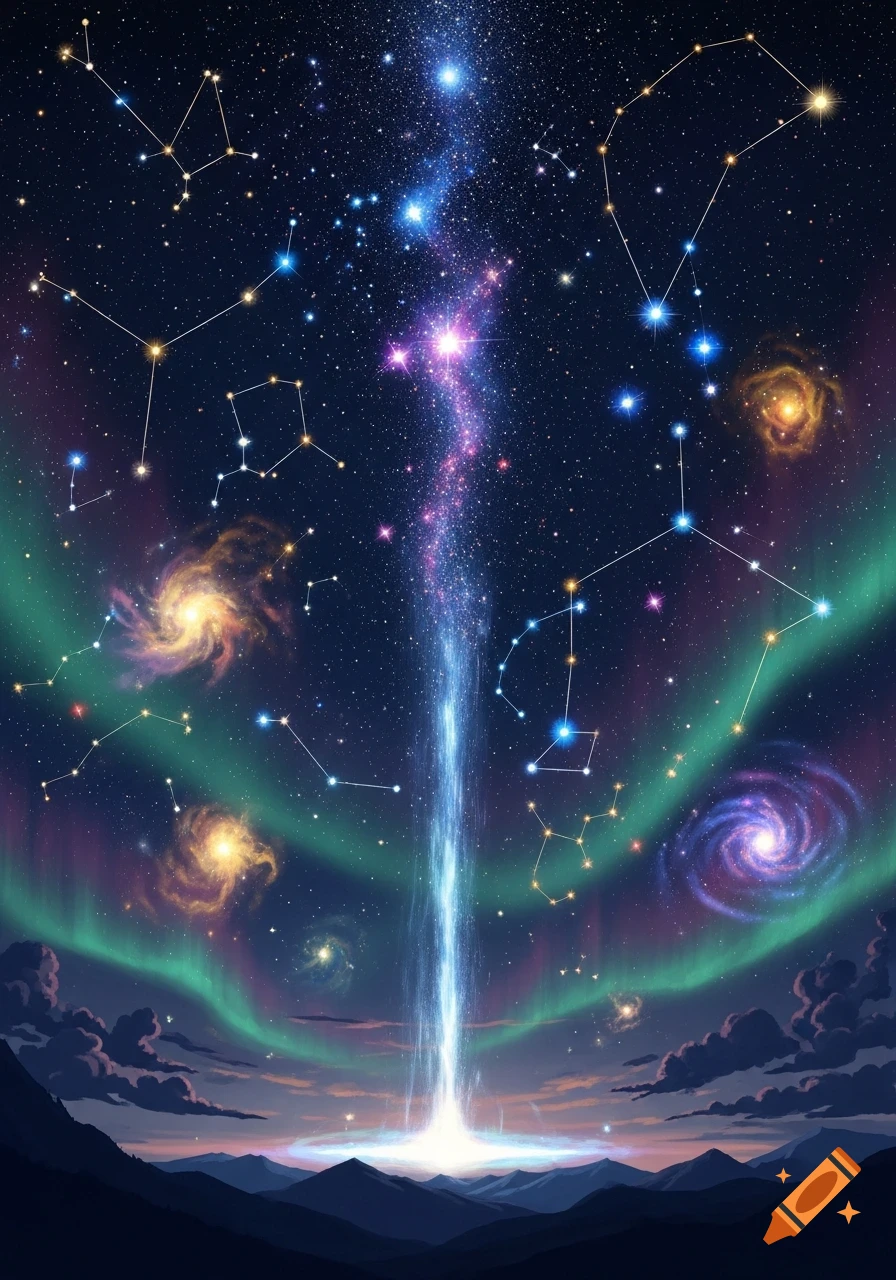 A vibrant night sky filled with countless stars, glowing constellations, colorful aurora borealis, and distant galaxies above a dark mountain range with a bright beam of light shooting up from the ground.