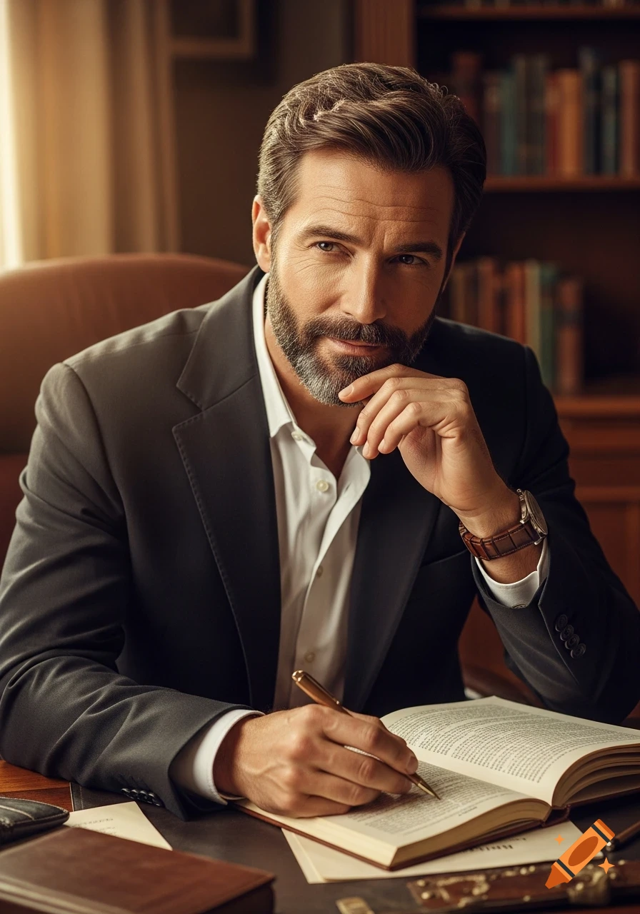Photorealistic portrait of a charismatic bearded man in a suit, sitting at a desk and writing in a book in a warm study.