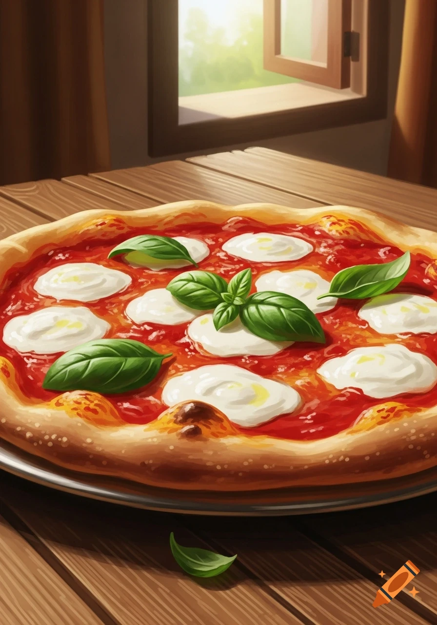 Vibrant Margherita pizza with fresh basil and mozzarella on a wooden table, set against a sunlit window in an illustrative style.