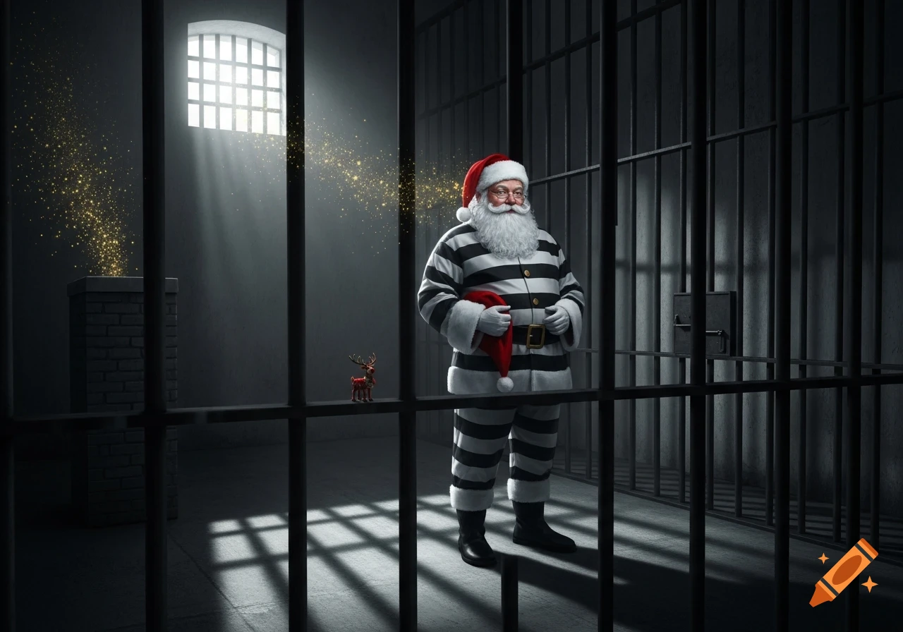 Santa Claus in a black and white striped prisoner uniform stands in a dimly lit jail cell, holding a red Santa hat. Golden sparkles rise from a chimney in the background.