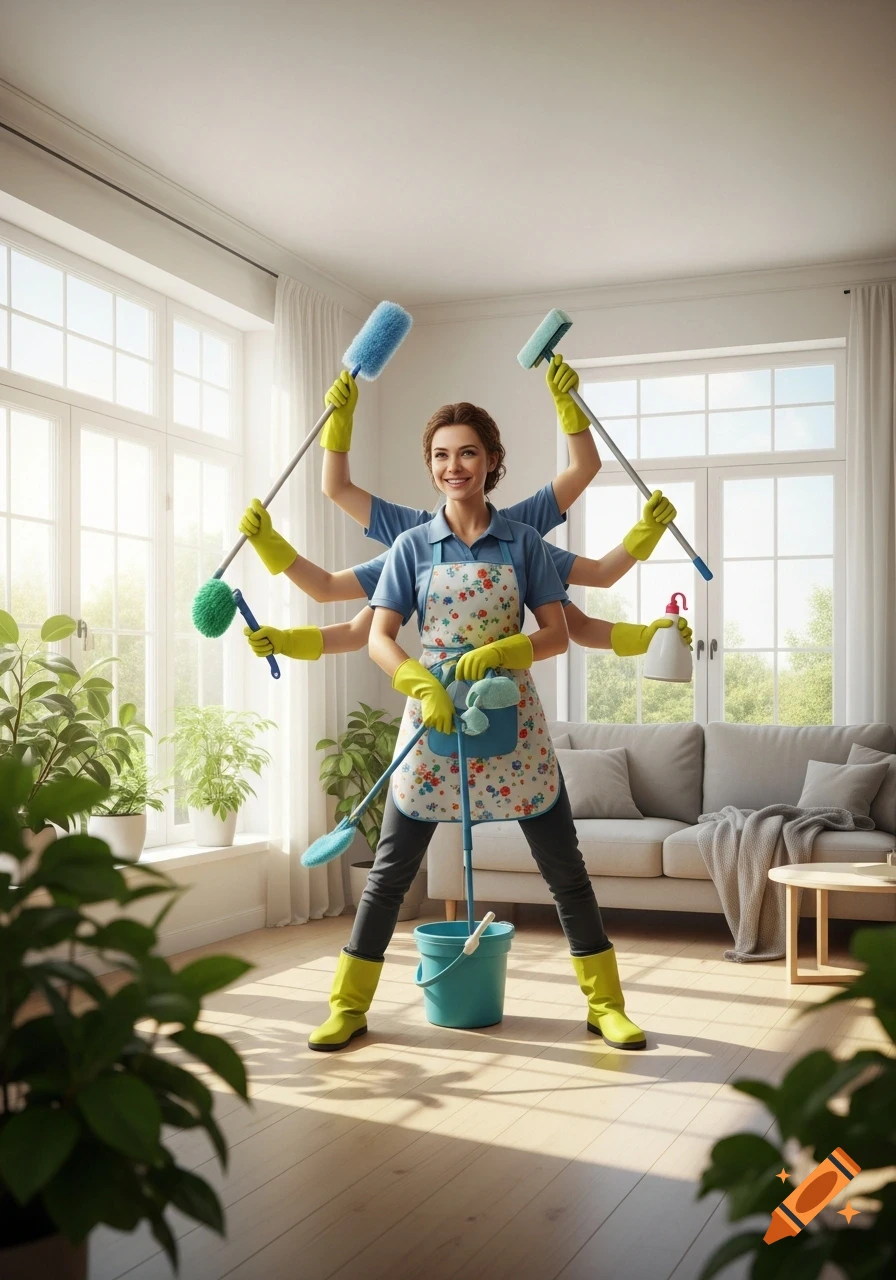 A smiling cleaning woman with six arms, holding various cleaning tools, stands in a brightly lit living room with plants and a sofa.
