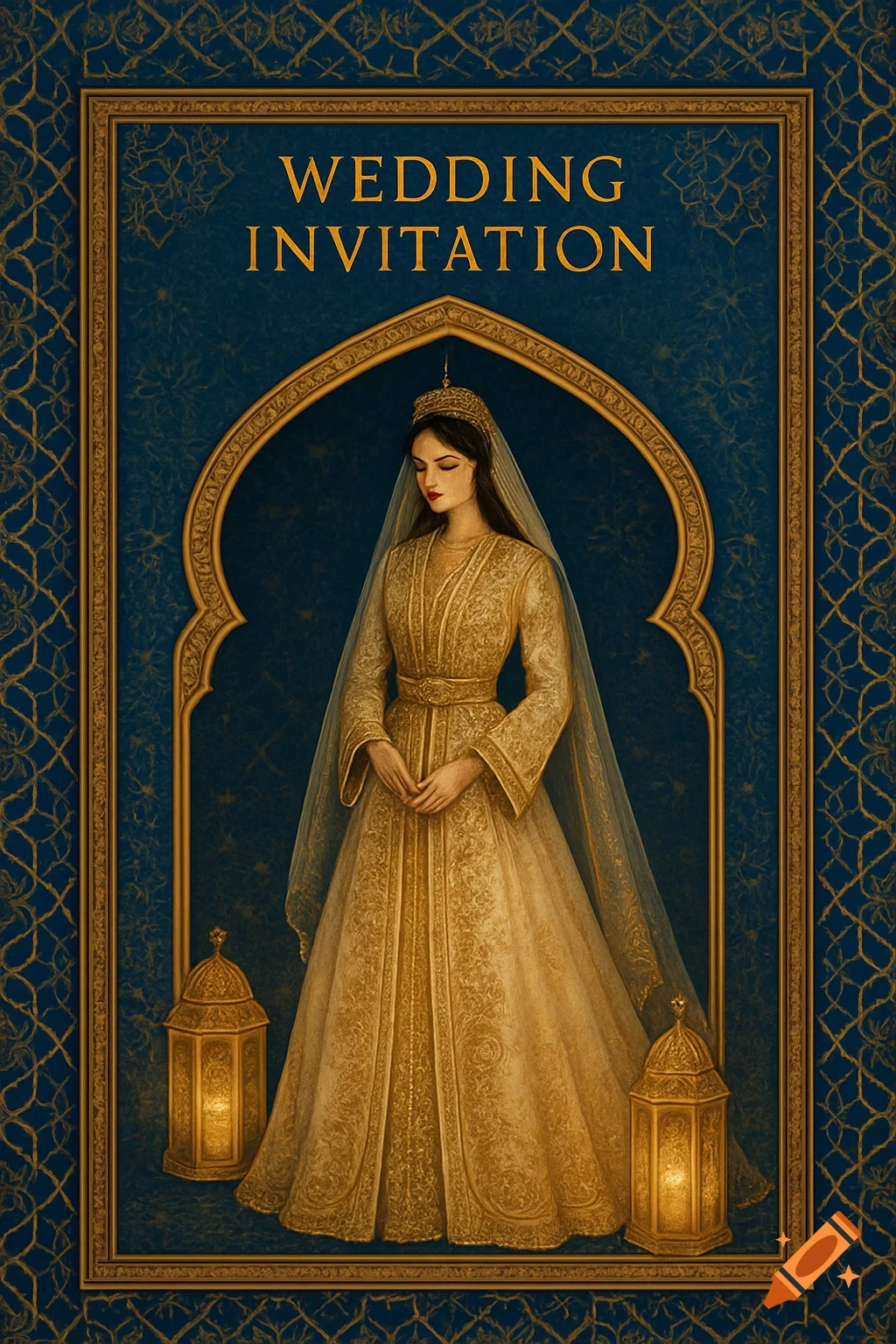 A bride in a golden caftan and veil in a Moroccan archway, framed by blue and gold patterns. Text: WEDDING INVITATION.