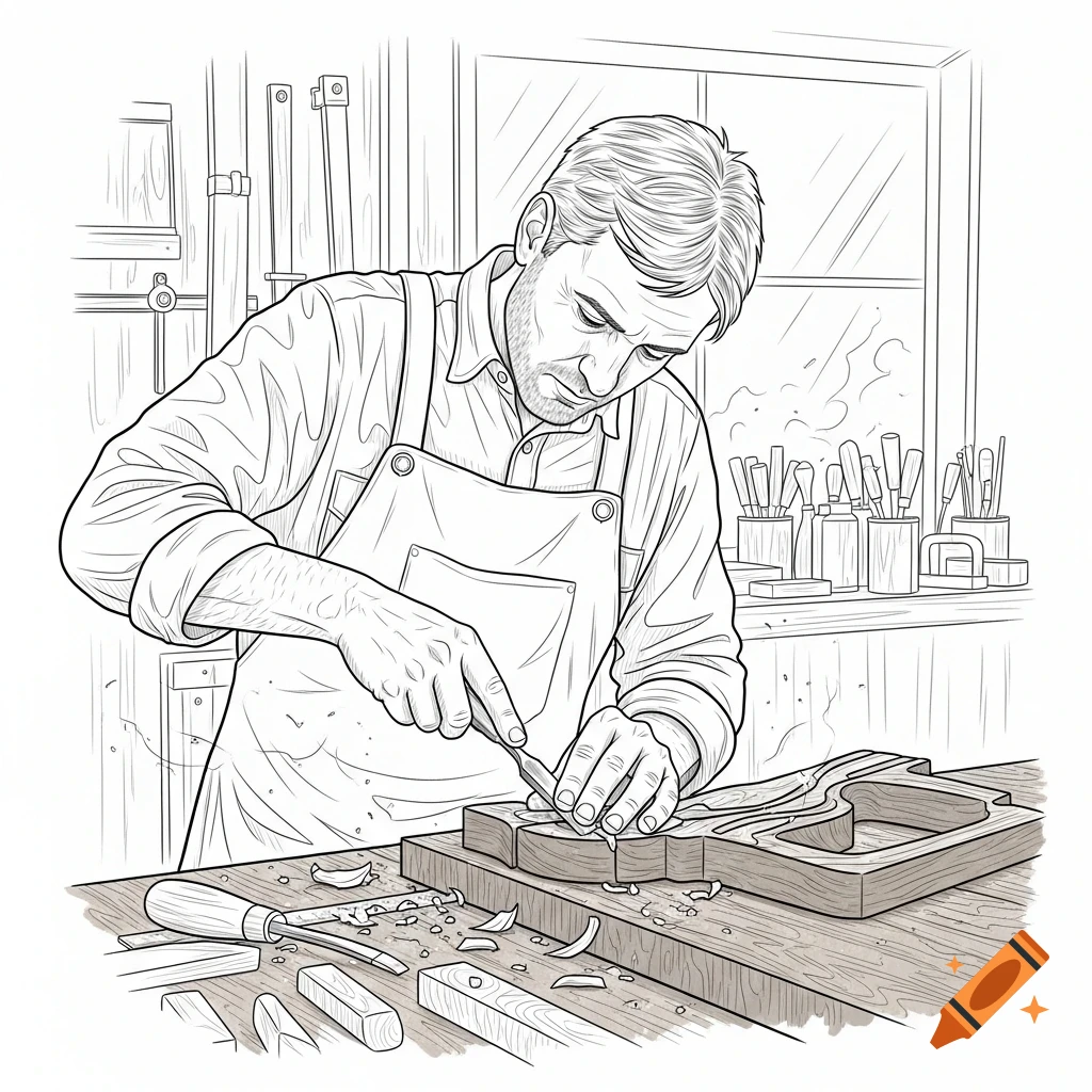 A line drawing illustration of a carpenter in an apron meticulously carving wood with a chisel in a workshop.