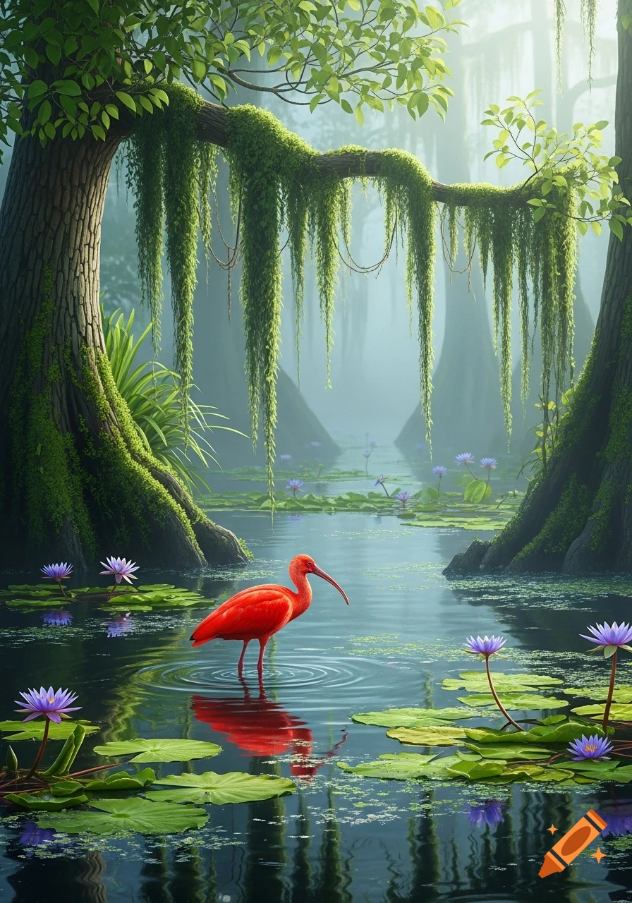 A vibrant red ibis stands in a misty swamp with lily pads and purple water lilies, surrounded by moss-draped cypress trees.