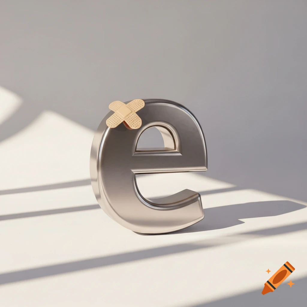A shiny metallic 3D lowercase 'e' with a beige band-aid affixed to its upper curve, casting shadows on a light background.
