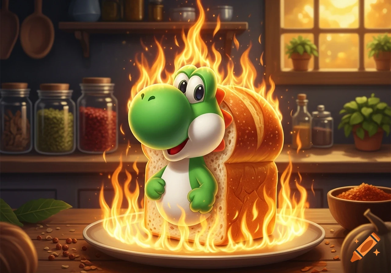 A smiling Yoshi character stands inside a loaf of bread, engulfed in cartoon flames on a plate in a cozy kitchen.