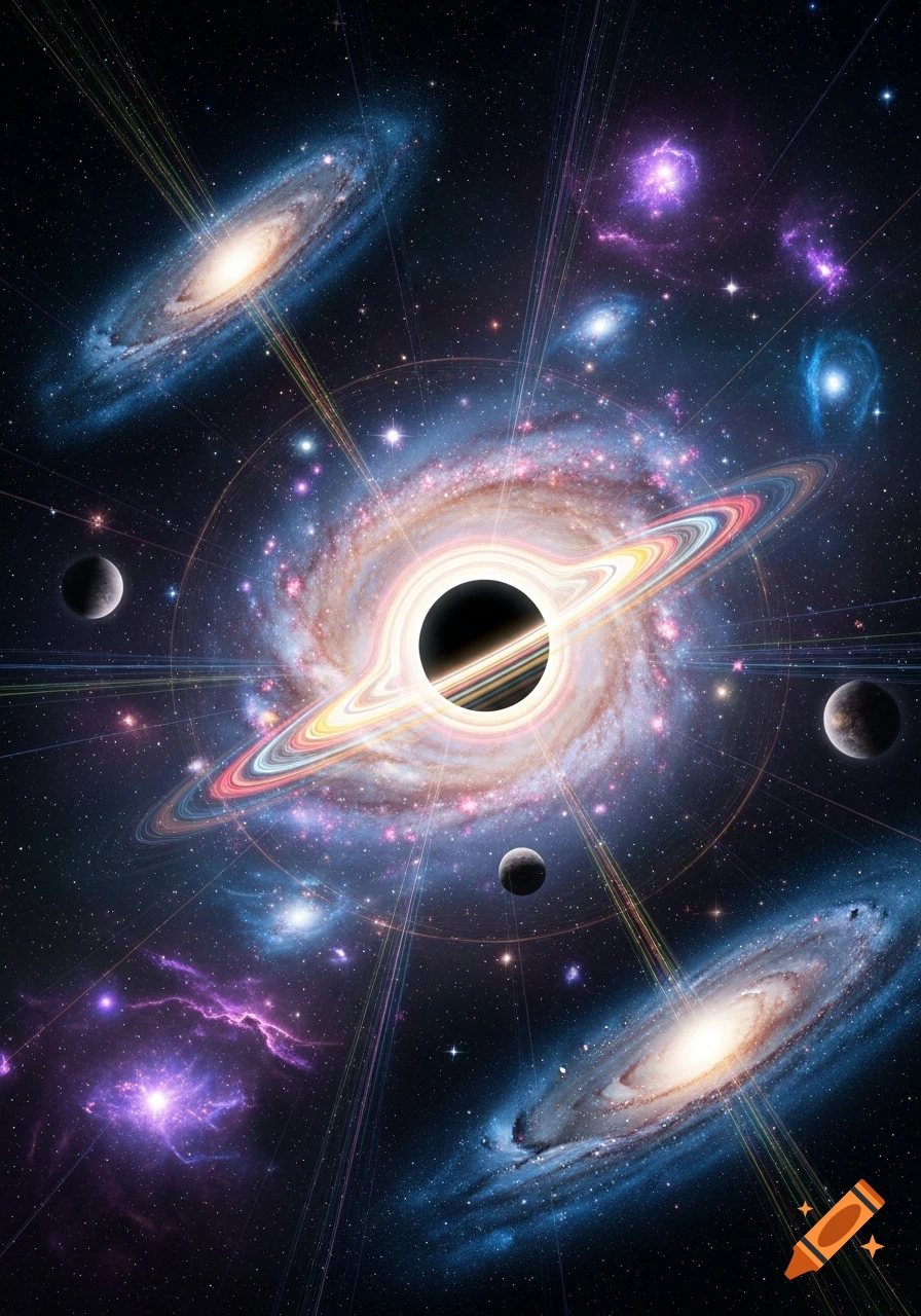 A vibrant cosmic scene with a central black hole surrounded by colorful rings, multiple galaxies, and planets against a starry background.