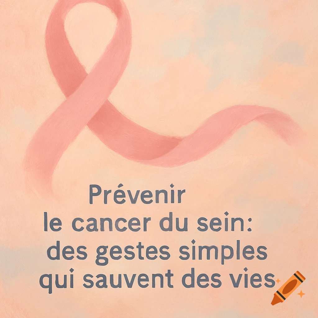 A pink breast cancer awareness ribbon against a soft, peachy background, with French text about prevention.