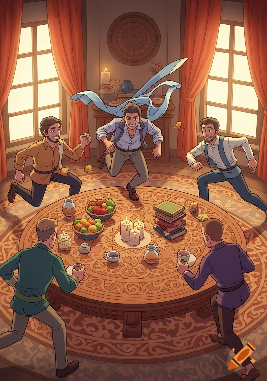 Five animated men in period clothing run dynamically around a round wooden table laden with fruit, books, and candles, inside a well-lit room with large windows.