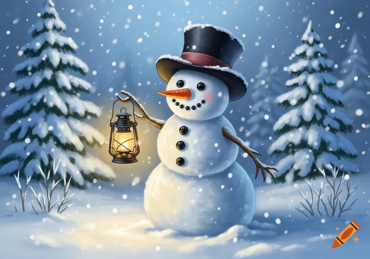A cheerful snowman wearing a top hat holds a glowing lantern in a snowy winter forest, with snow falling, in an illustration.