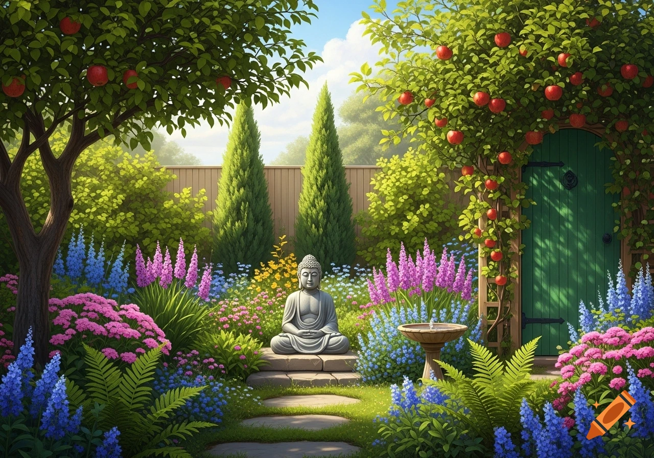 A vibrant garden landscape with a Buddha statue in meditation, surrounded by colorful flowers, trees with red apples, and a green door.