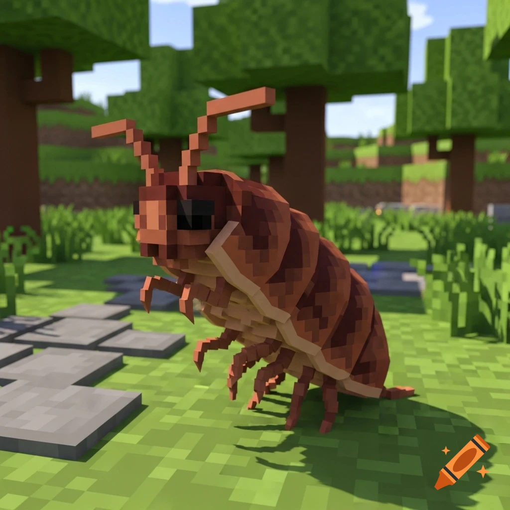 A brown pixelated semi-bipedal woodlouse stands on a stone path in a green, blocky Minecraft-style world with trees.