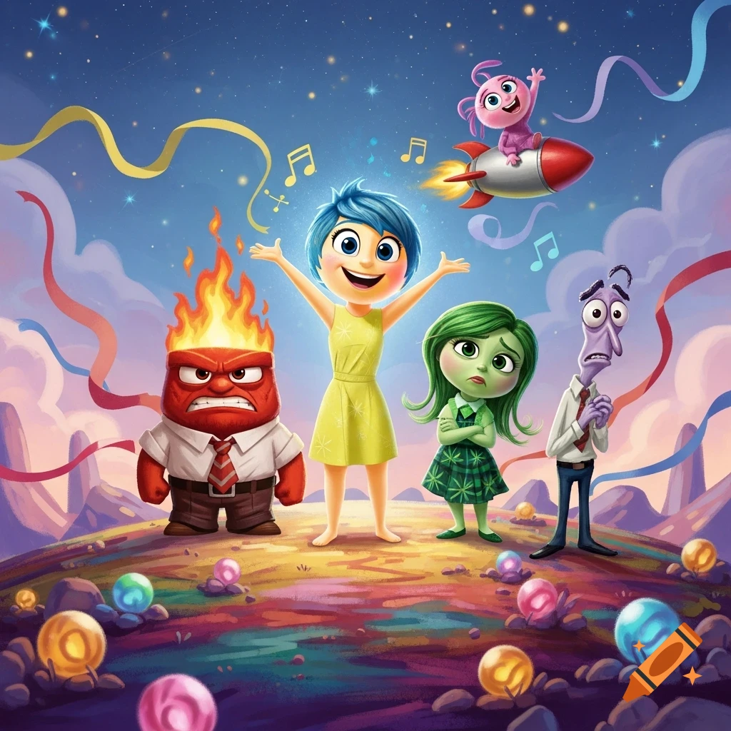 Joy, Anger, Disgust, and Fear from Inside Out stand on a colorful landscape with Bing Bong flying on a rocket in a starry sky.