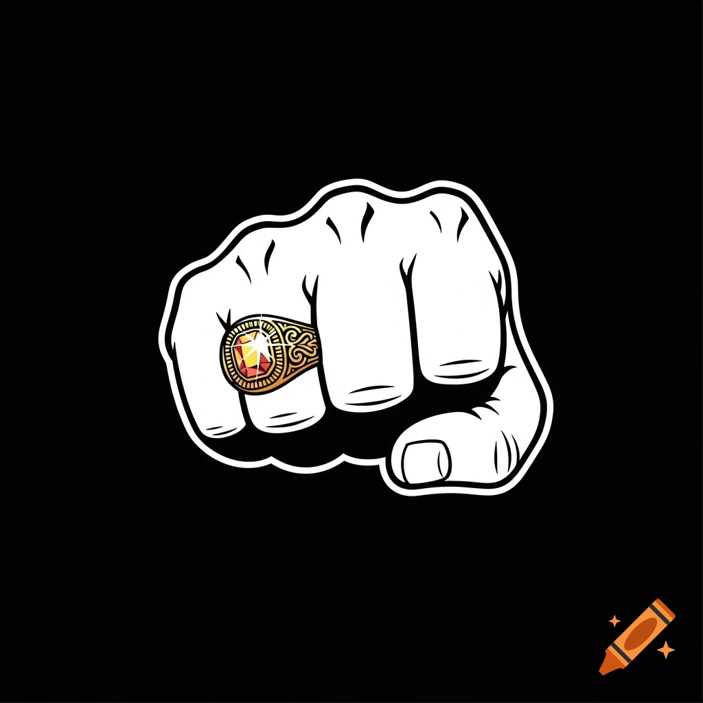 A cartoon fist wearing a gold ring with a red gem, on a black background.