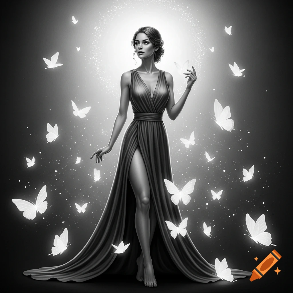 Black and white image of an elegant woman in a flowing gown with a high ...