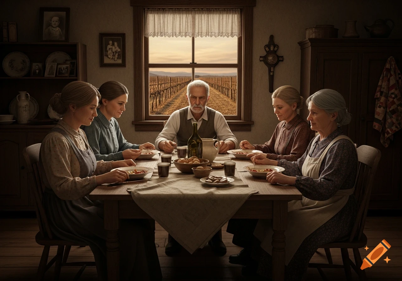 A family eats a meal at a rustic table, looking out a window at a vineyard under warm light, photorealistic.