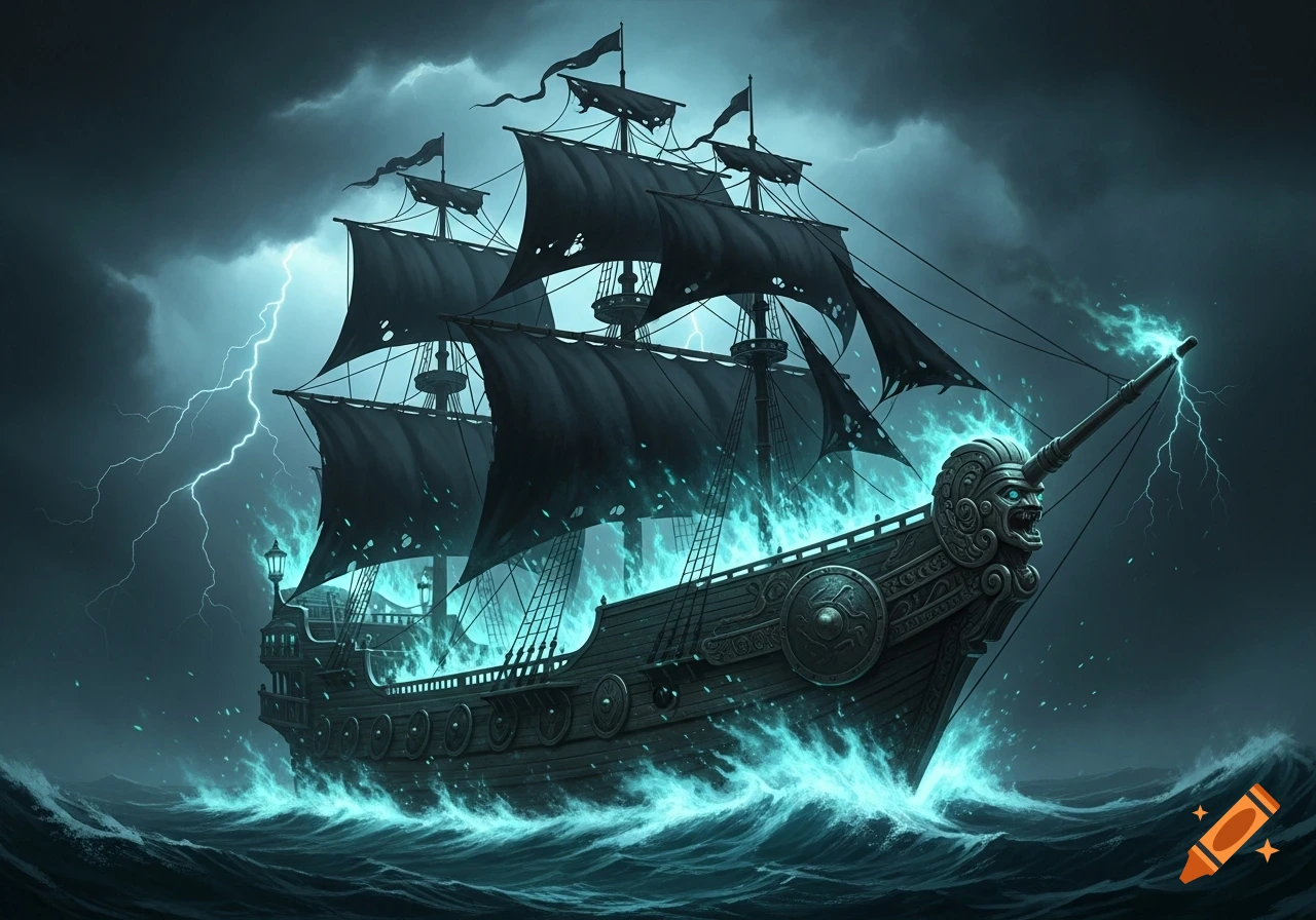 A spectral pirate ship with black sails and glowing aqua energy crests waves in a stormy sea with lightning in the dark sky.