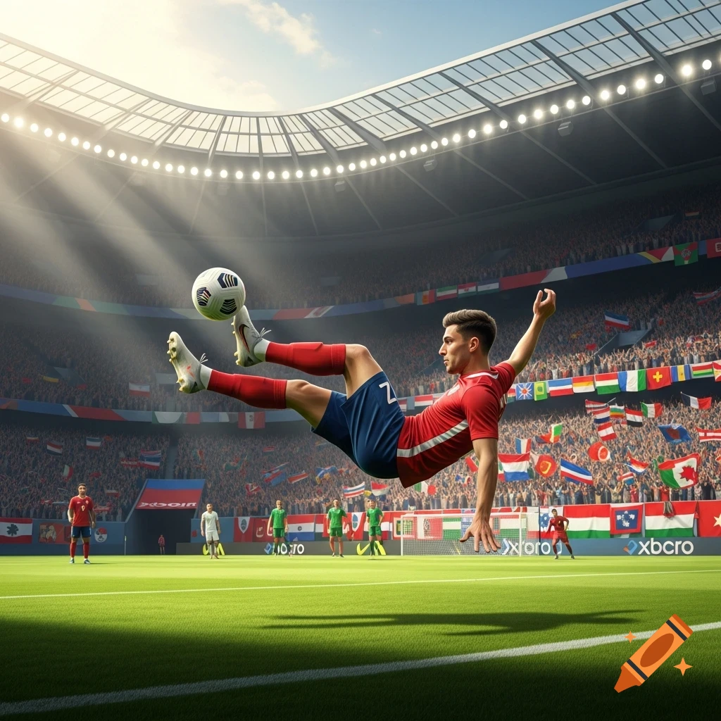 A photorealistic image of a male soccer player mid-air performing a bicycle kick in a large, crowded stadium.