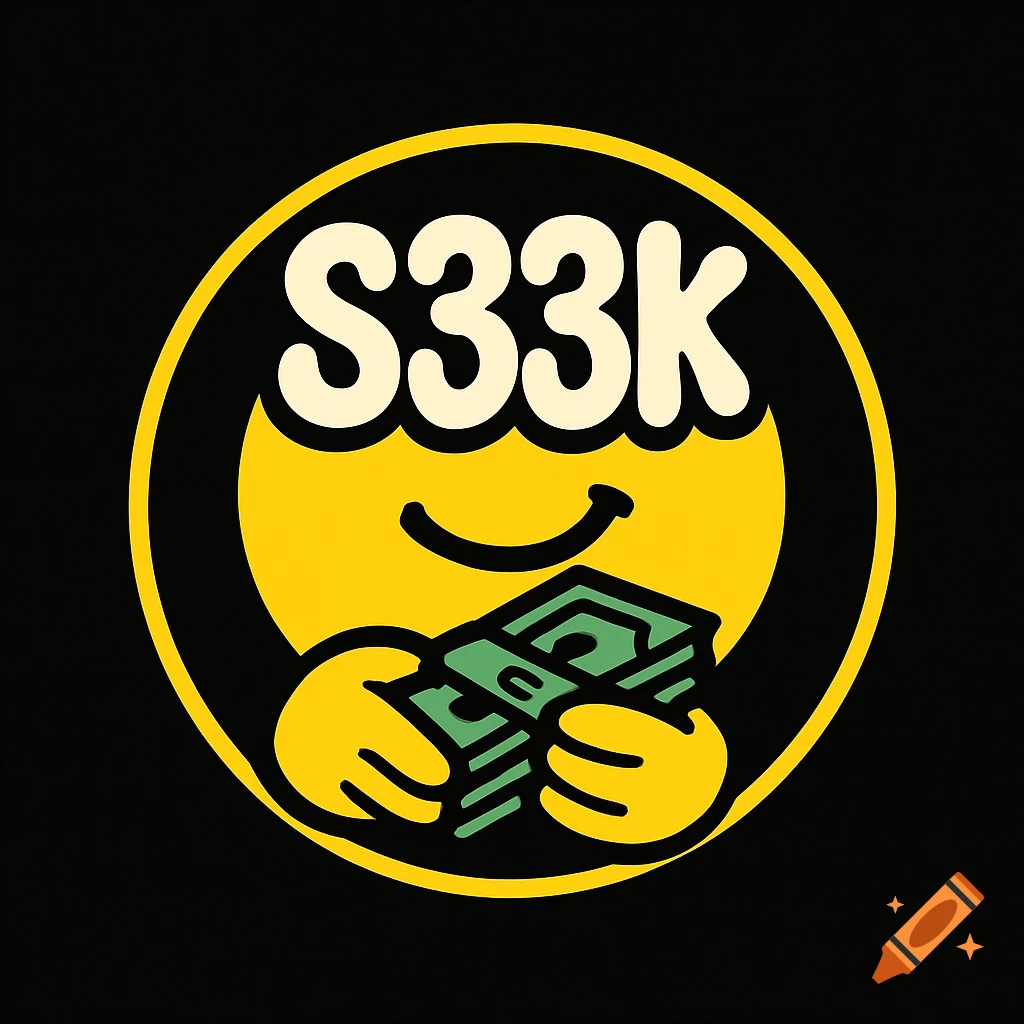 A yellow emoji face logo with 'S33K' as its eyes, holding a stack of money on a black background.