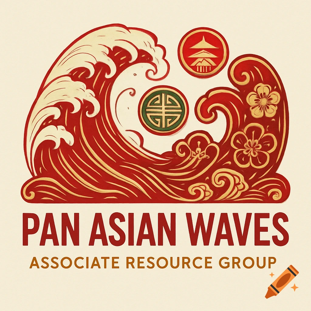 Logo with red and gold stylized waves, traditional Asian symbols including a pagoda and a good luck knot, and the text 'PAN ASIAN WAVES Associate Resource Group'.