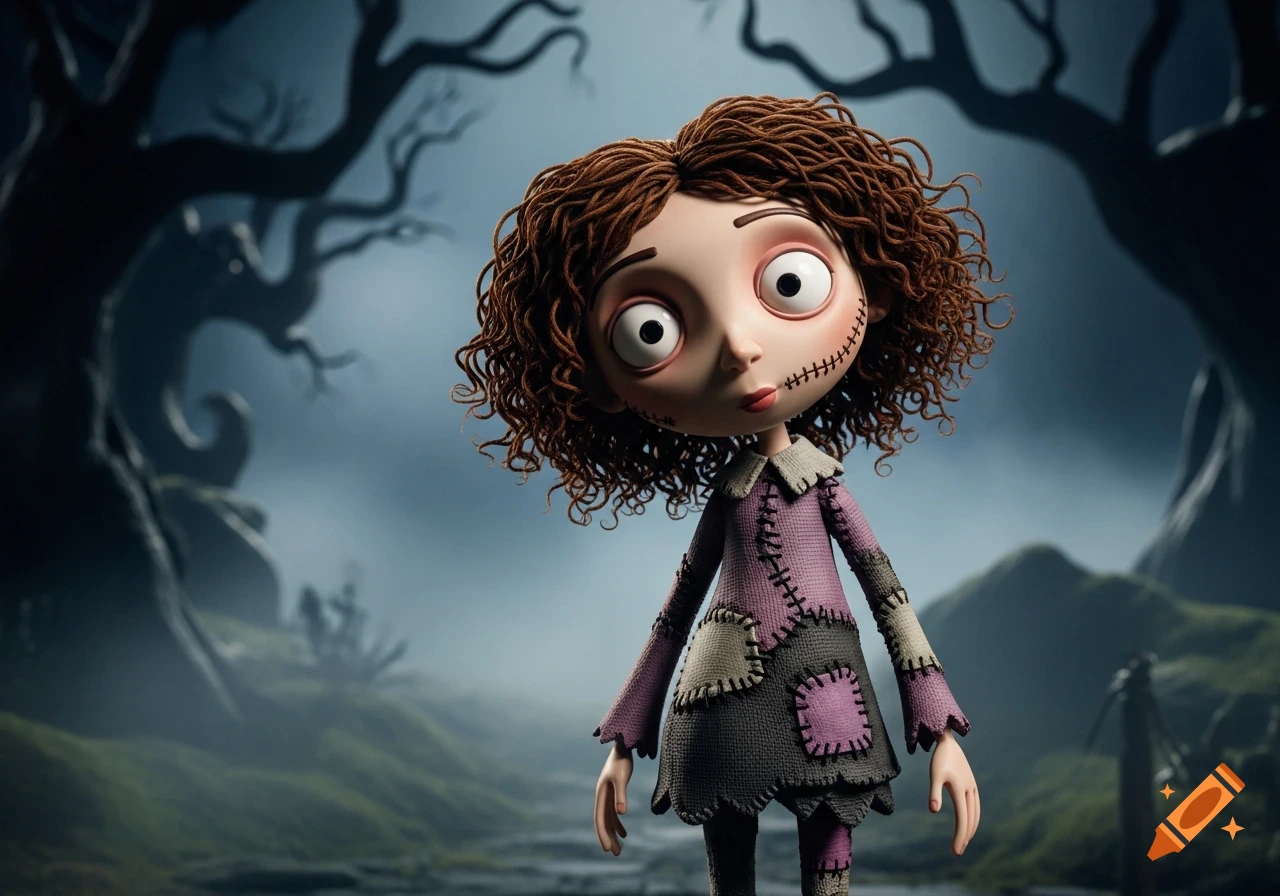 A Tim Burton-style stop-motion doll with big eyes and stitched face, curly brown hair, and patched purple and grey clothes stands in a dark, misty forest.
