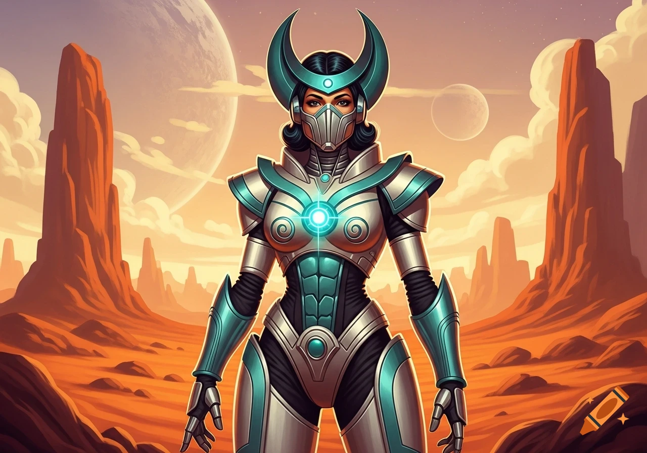 A retro-futuristic warrior woman in stylized white and teal armor with ...