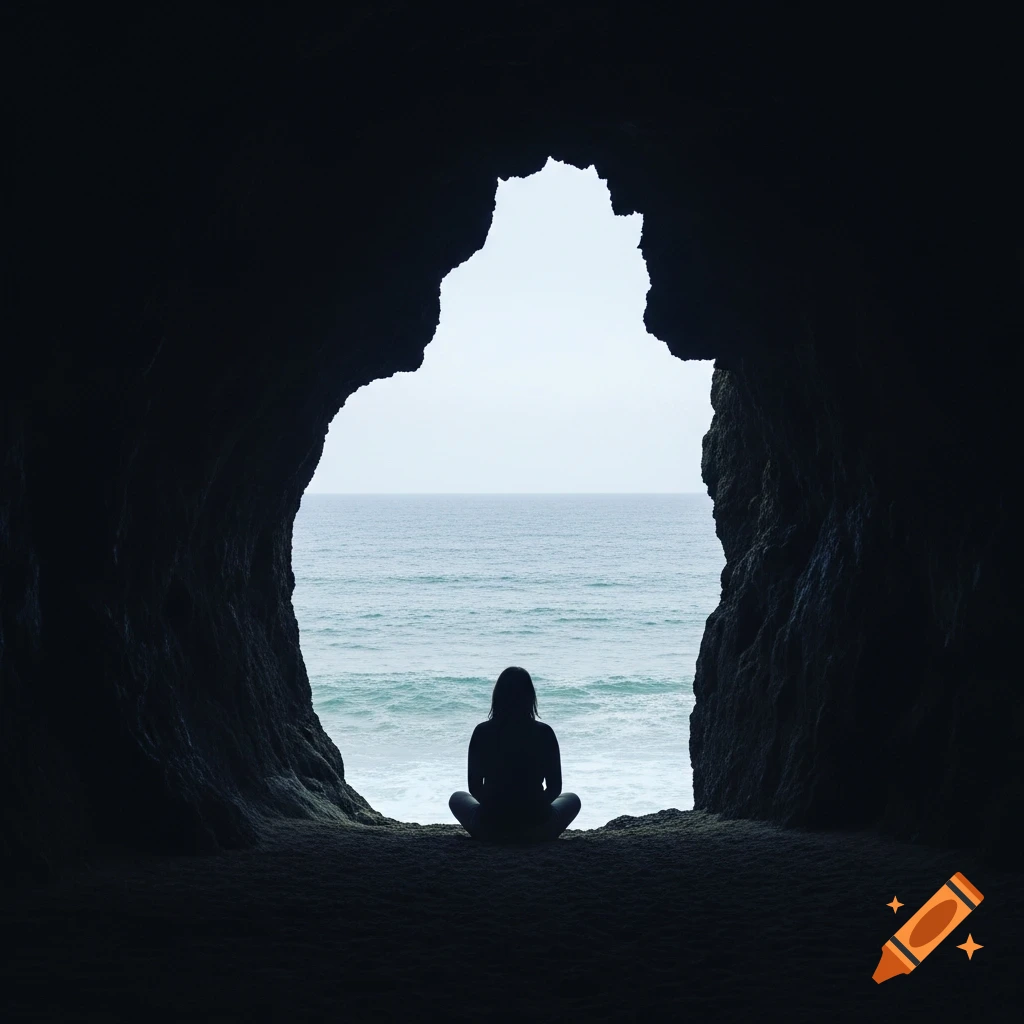 Silhouette of a person sitting inside a dark cave, looking out at the calm ocean and pale sky.