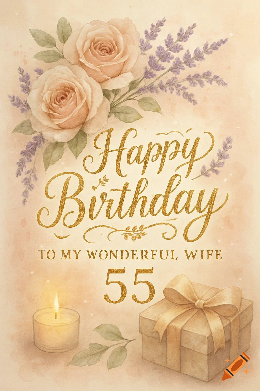 Watercolor birthday card with pink roses, lavender, and gold 'Happy Birthday TO MY WONDERFUL WIFE 55' text, a lit candle, and a gift box.
