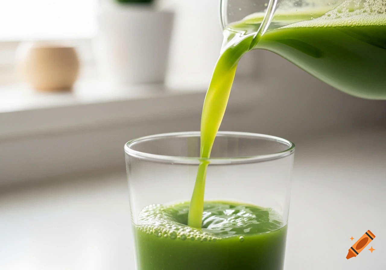 Vivid green juice poured into a clear glass, creating ripples and bubbles, with a bright background. Photorealistic style.