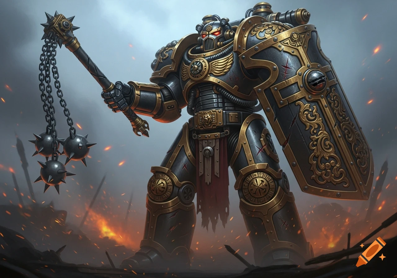 A formidable warrior in intricate black and gold power armor stands on a fiery battlefield, holding a spiked flail and a large shield.