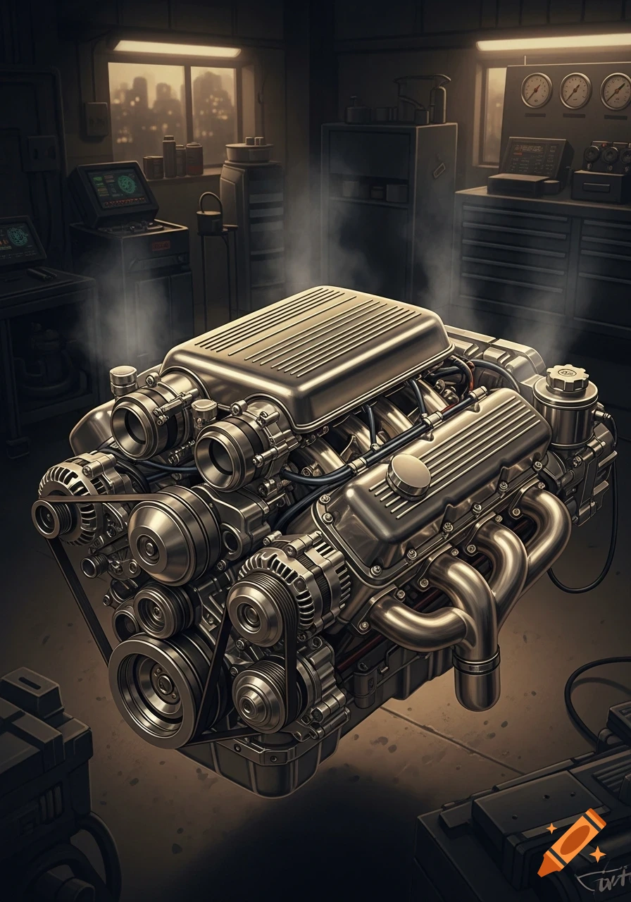 A detailed, metallic car engine with belts and exhaust pipes, emitting steam in a dark workshop with a city view from a window.