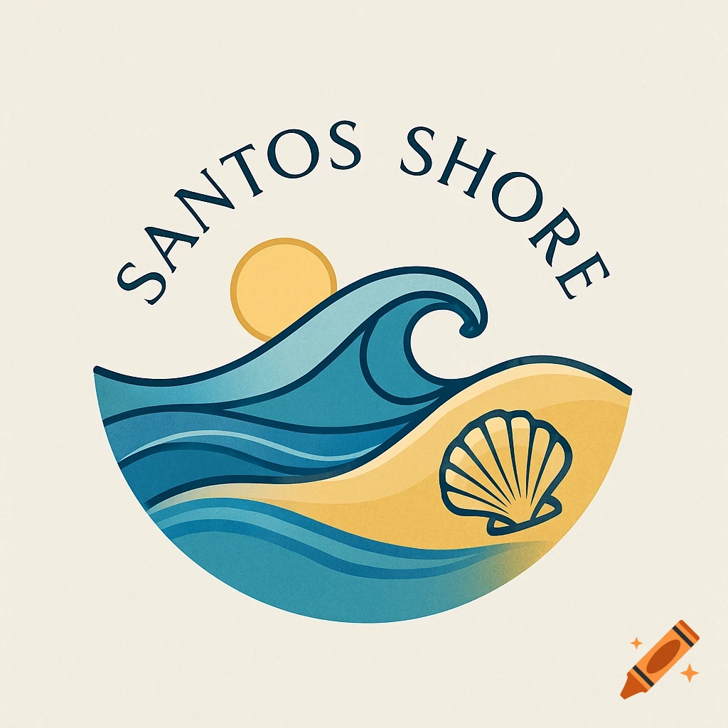 Logo for Santos Shore with arched text, a sun, blue ocean waves, a sandy beach, and a seashell illustration.