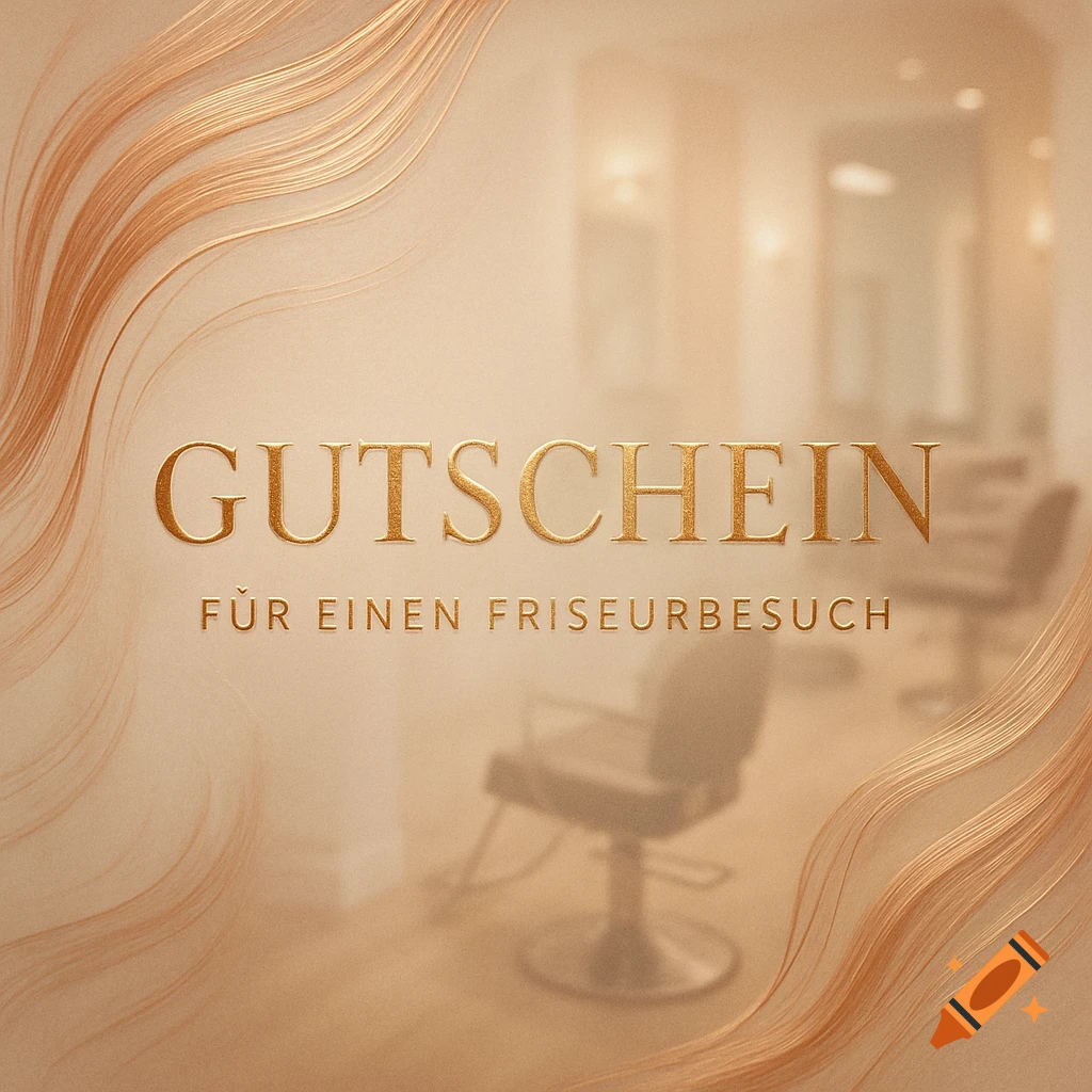 A gold-themed gift voucher for a hairdresser visit, with swirling hair-like patterns on a warm beige background and a blurred salon interior.