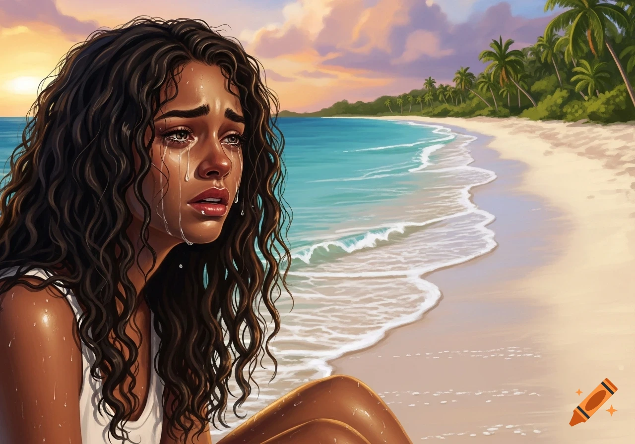 A digital painting of a crying young woman with dark curly hair sitting on a tropical beach at sunset.
