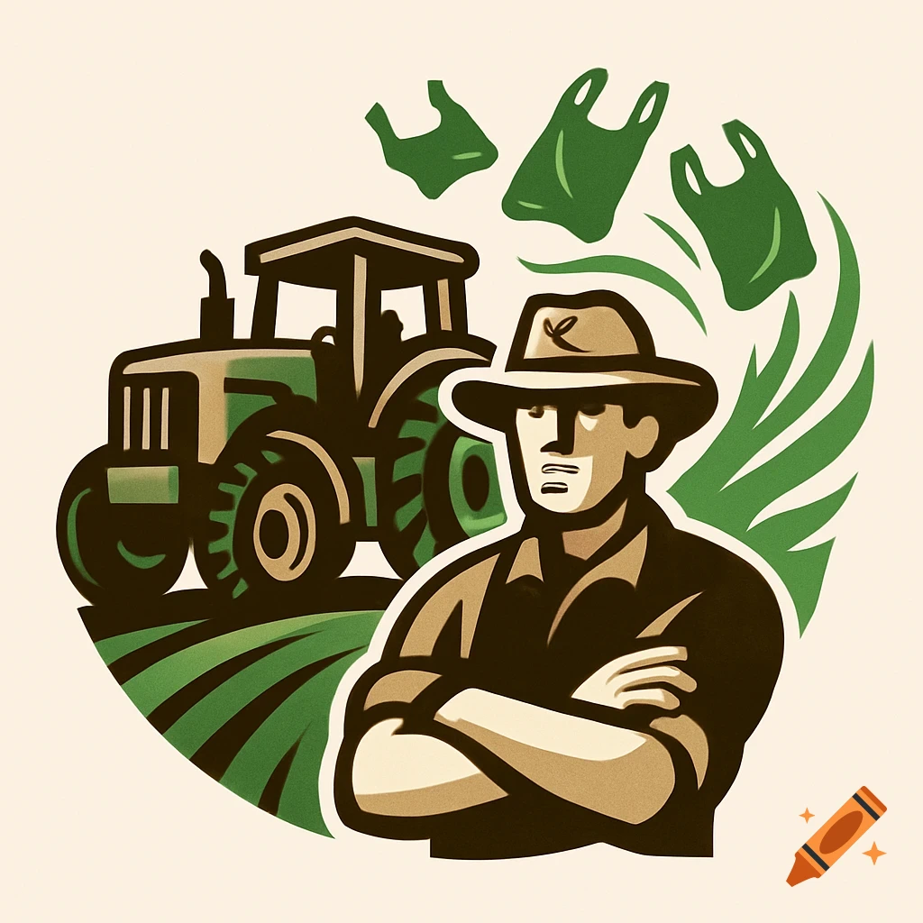 A stylized eco-themed logo with a determined farmer, a tractor, and plastic bags, symbolizing fighting pollution.