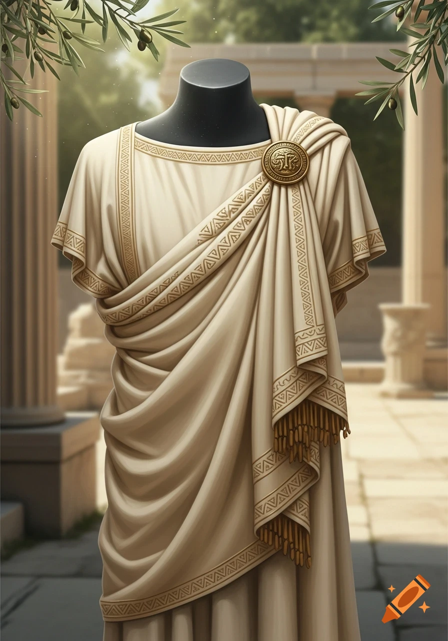 Creamy white ancient Athenian clothing with geometric patterns and a golden brooch on a mannequin, set against classical columns and olive branches.