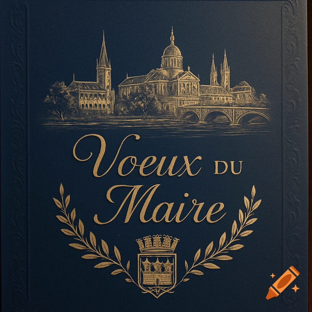 Gold foil illustration of a cityscape above "Voeux du Maire" text and a crest on a dark blue invitation card.