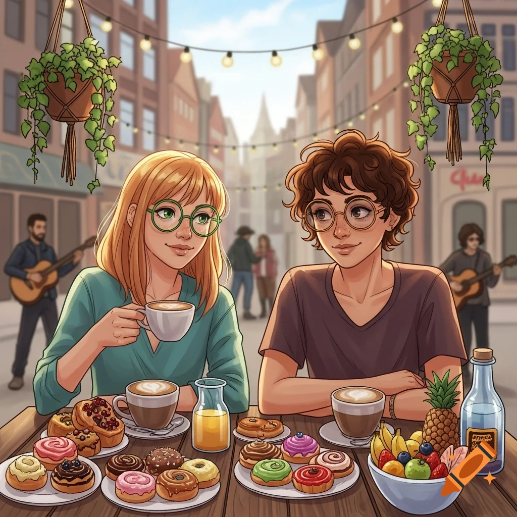 An illustration of two women having brunch outdoors in a European-style street, surrounded by donuts, fruit, and coffee. Musicians play in the background.