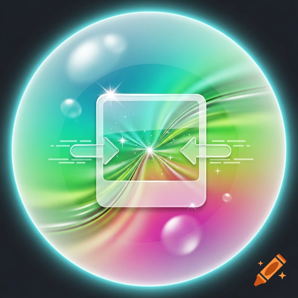 A glassmorphism app icon: a vibrant teal-to-green gradient sphere with a glowing cyan border and a central photo frame squeezed by arrows.