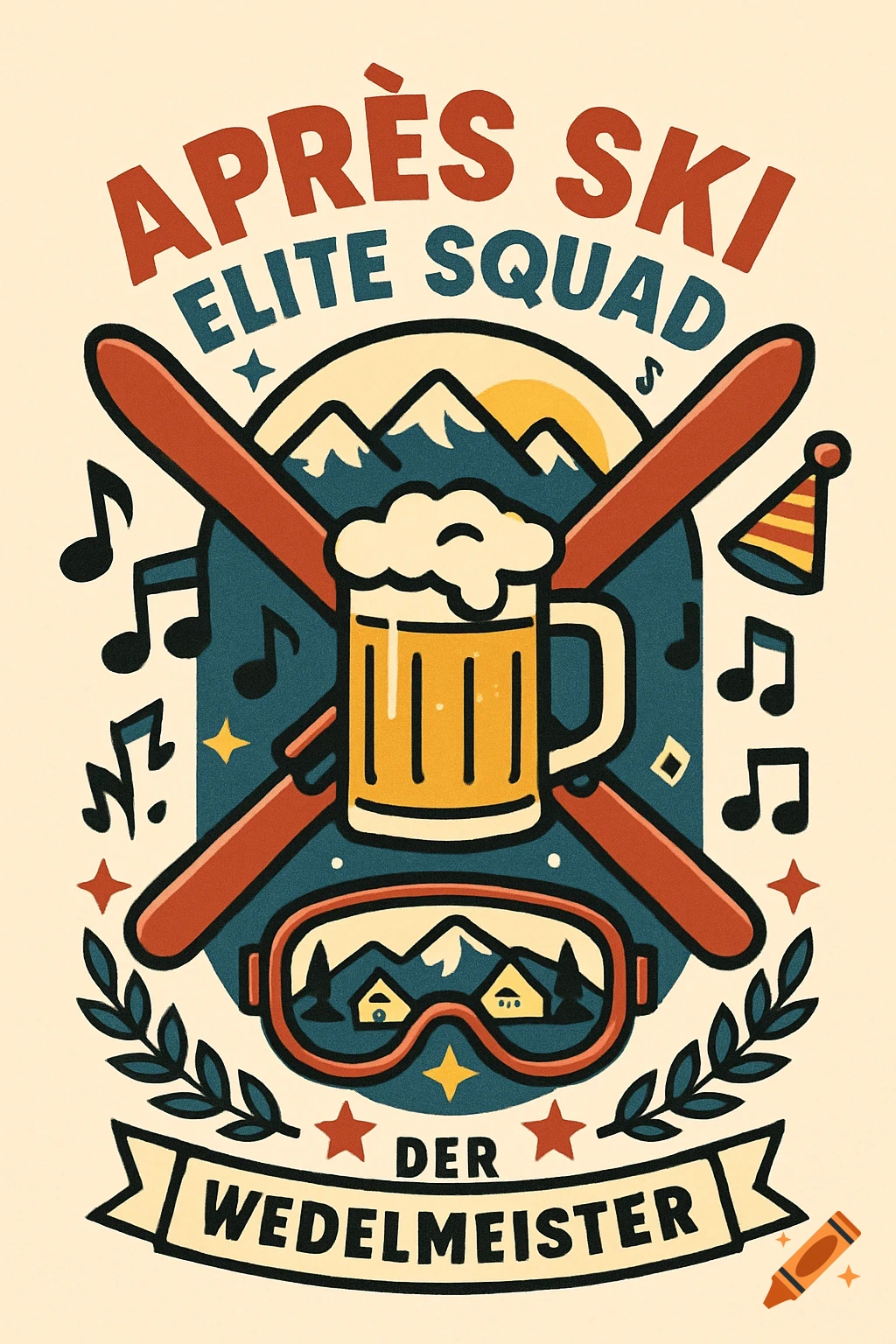 Retro graphic featuring crossed skis, a beer mug, mountains, music notes, and a ski mask with text 'APRES SKI ELITE SQUAD DER WEDELMEISTER'.