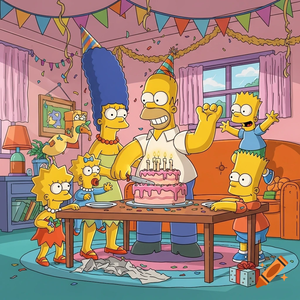 The Simpsons family celebrating a birthday, with Homer cutting a cake surrounded by Marge, Lisa, Maggie, and Bart in their living room, cartoon style.
