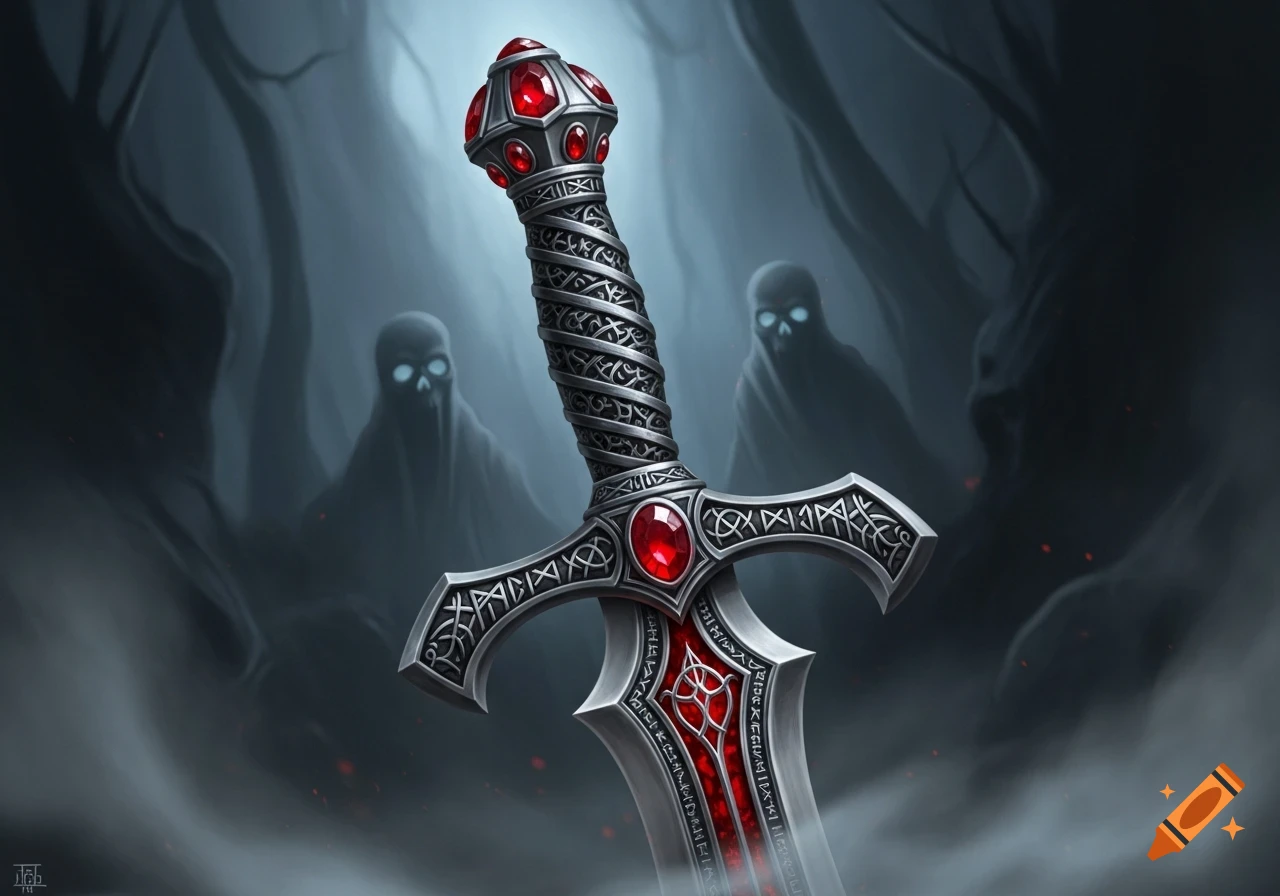 A detailed fantasy dagger with a red gem-studded handle and runes, set against a dark background with two faint, glowing-eyed skull figures.