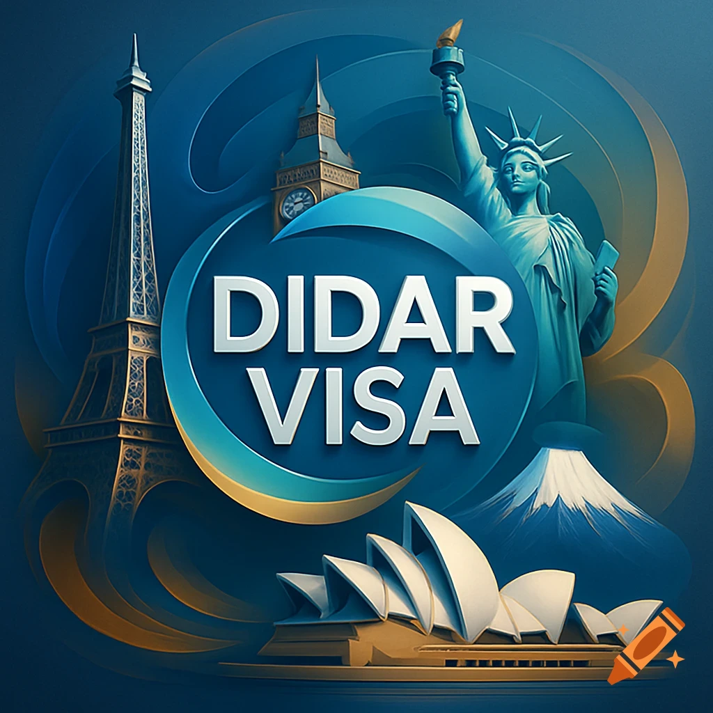 Stylized graphic with famous world landmarks like Eiffel Tower, Statue of Liberty, Big Ben, and Sydney Opera House surrounding a DIDAR VISA logo.