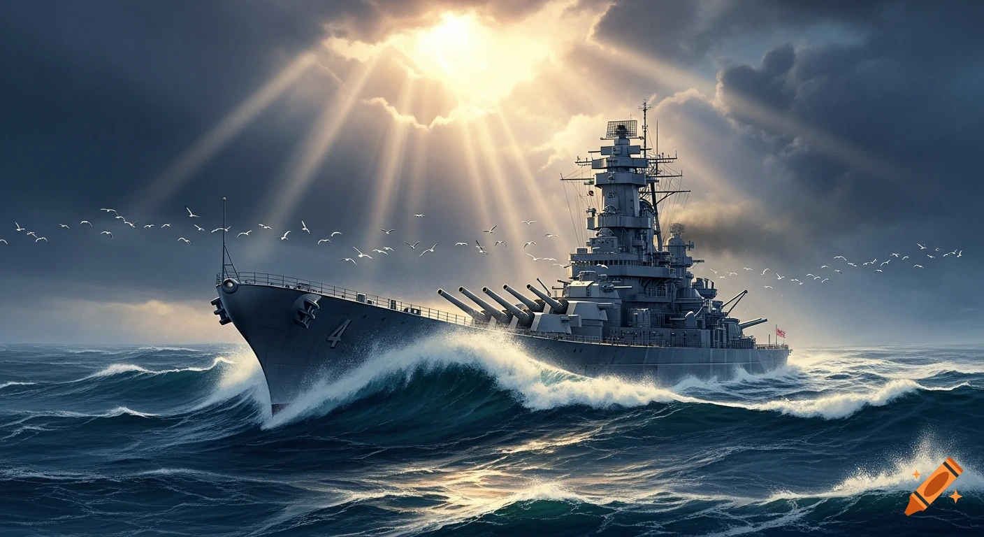 A large battleship sails through rough dark blue seas under a dramatic sky with sun rays breaking through dark clouds.