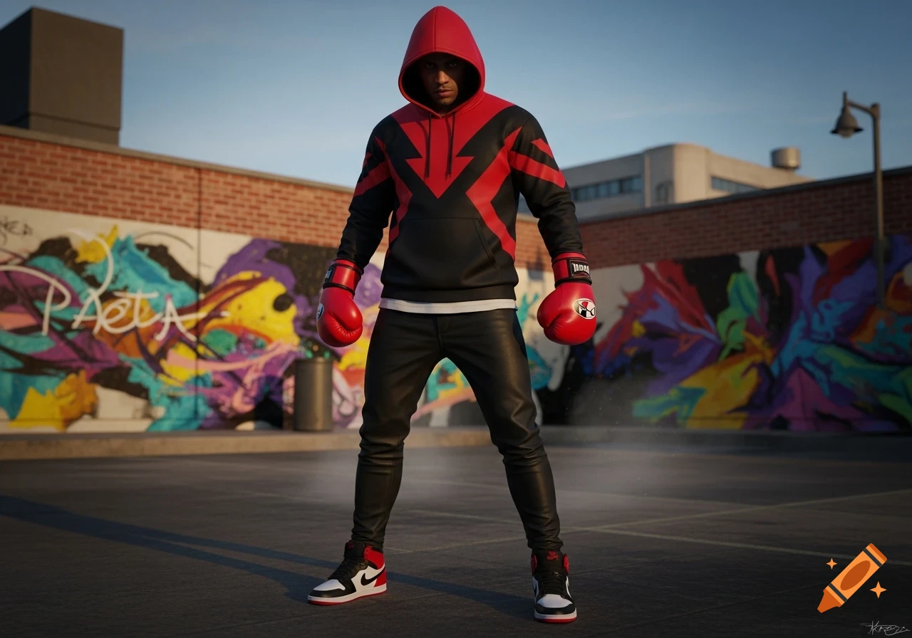 A person in a red and black hoodie, black pants, red and black sneakers, and red boxing gloves stands in front of a graffiti-covered wall in an urban setting. Photorealistic.
