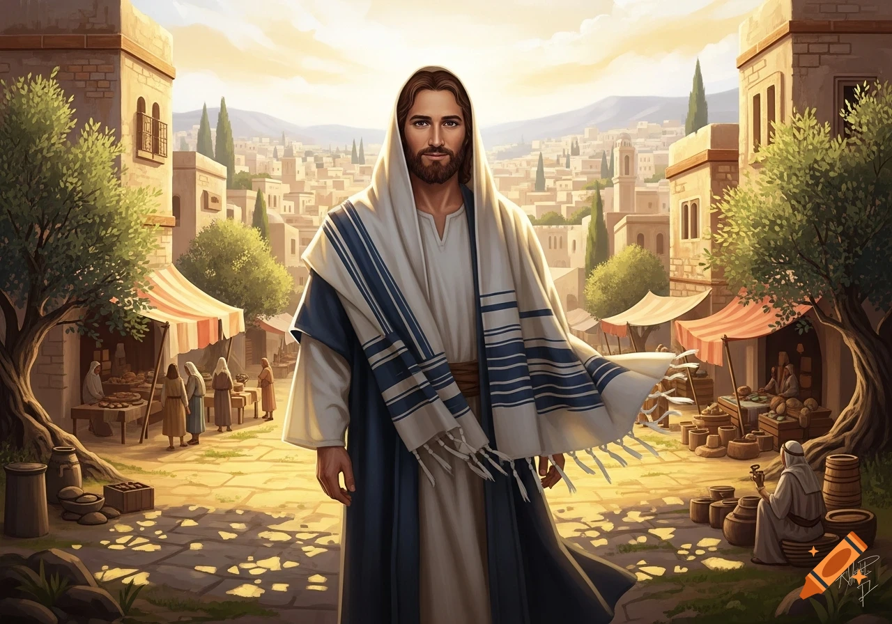 An illustrated depiction of Jesus with a beard and flowing robes, walking through a vibrant ancient market square under a warm sky.