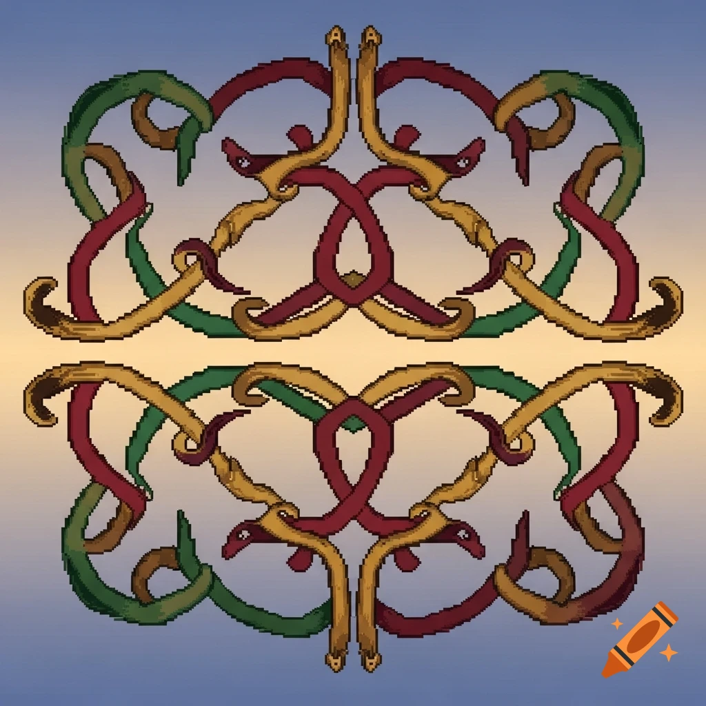 Symmetrical pixel art Celtic knot pattern with intertwined red, green, and golden brown elements on a gradient background.