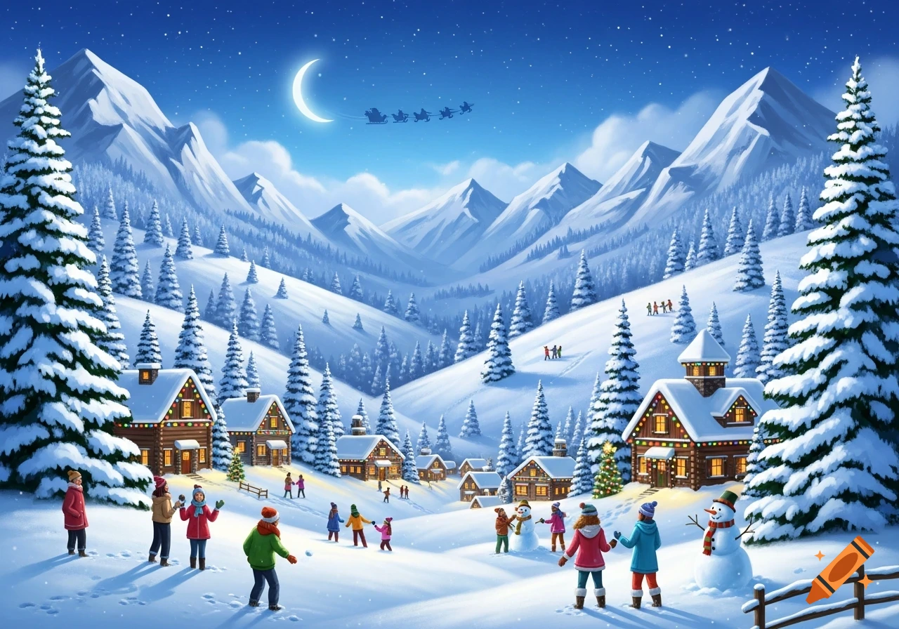 Christmas night in a snowy mountain village with decorated houses, trees, people playing, and Santa's sleigh under a crescent moon.