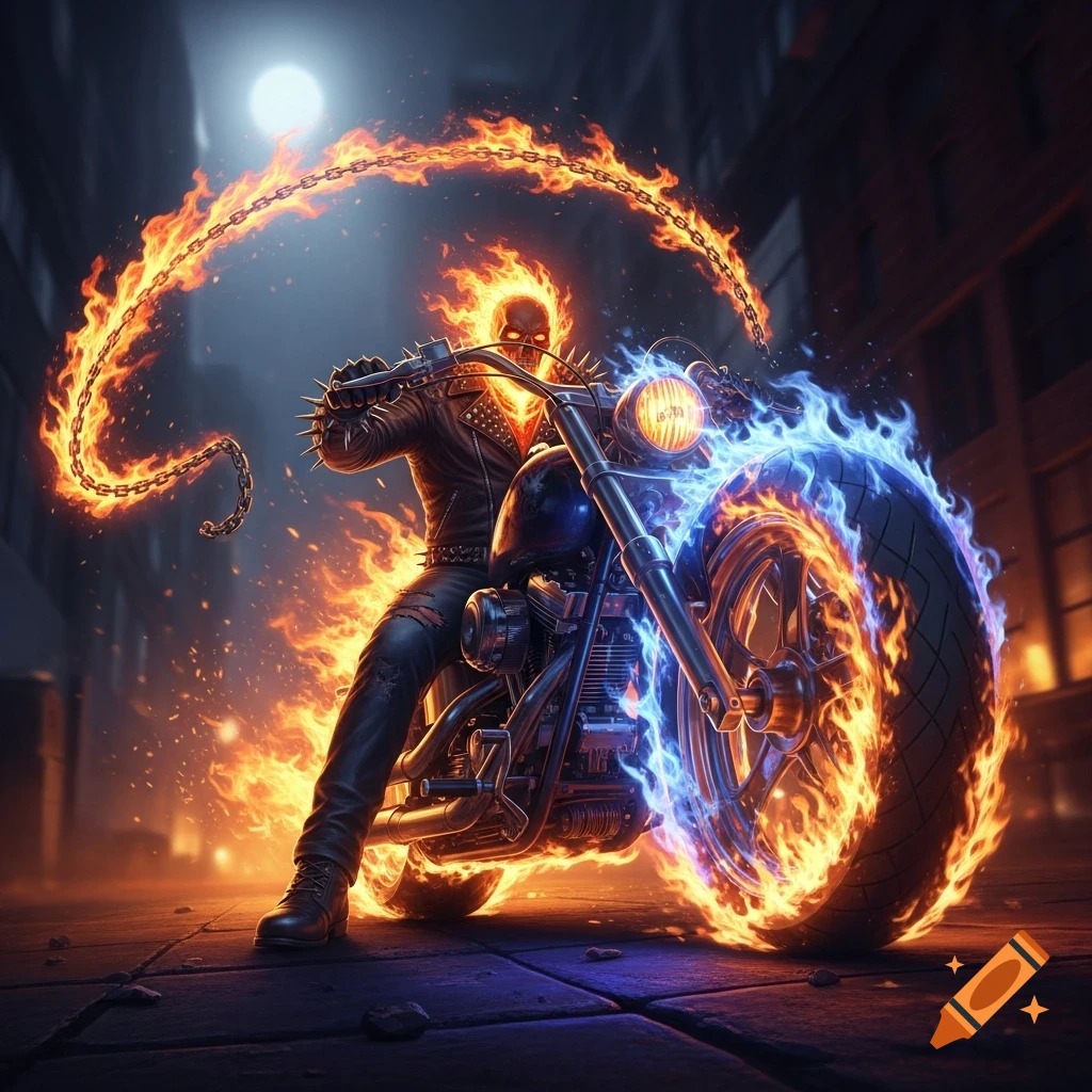 Ghost Rider on a flaming motorcycle on a dark city street, wielding a fiery chain under a full moon, comic art style.