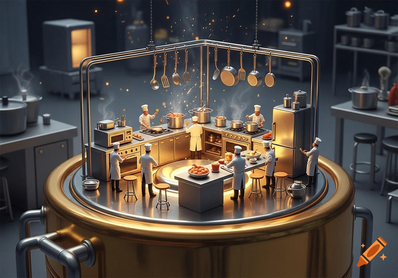 A detailed miniature kitchen scene on a large golden pot, with tiny chefs actively cooking dishes, featuring steam and sparks.
